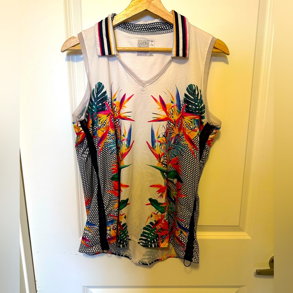 Lucky in Love tropical print Sleeveless golf polo.